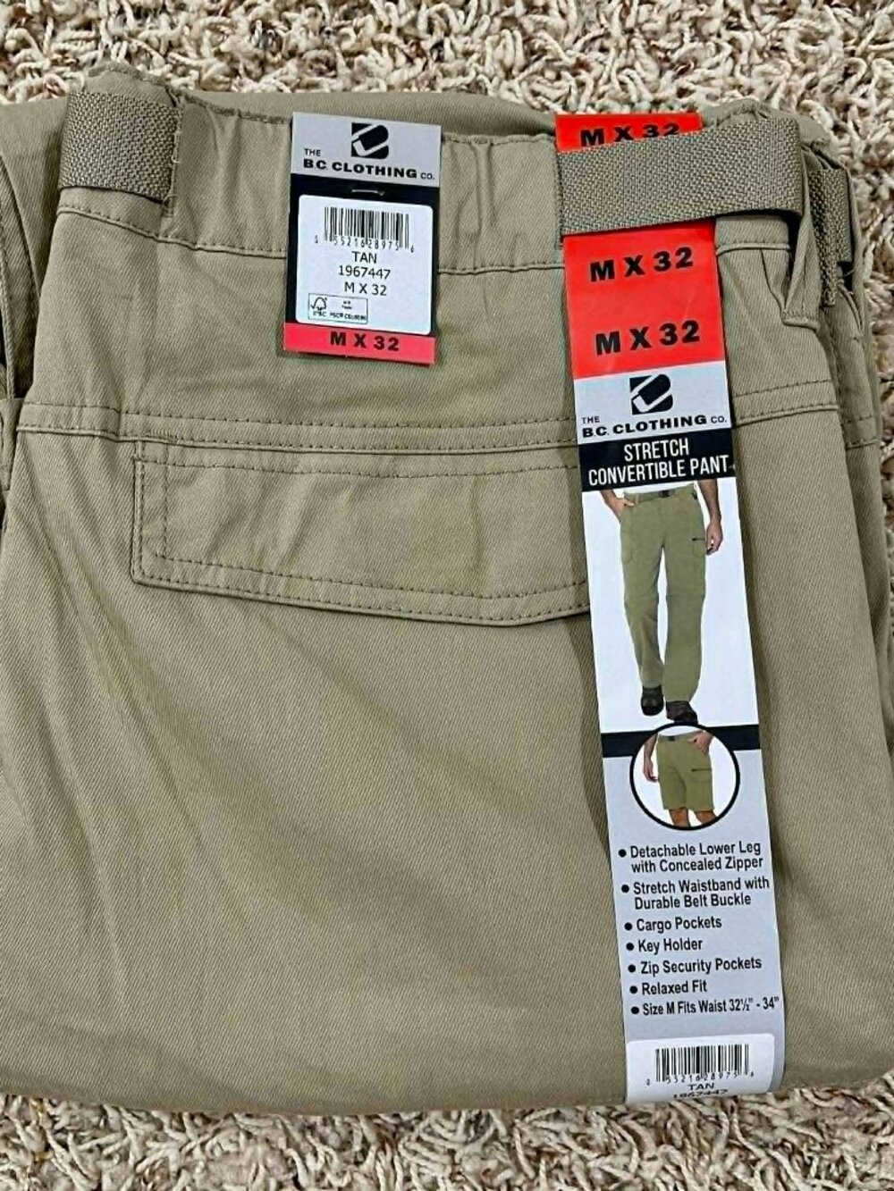 BC Clothing Men's Belted Convertible Pants Tan, Size M x 32 (New)